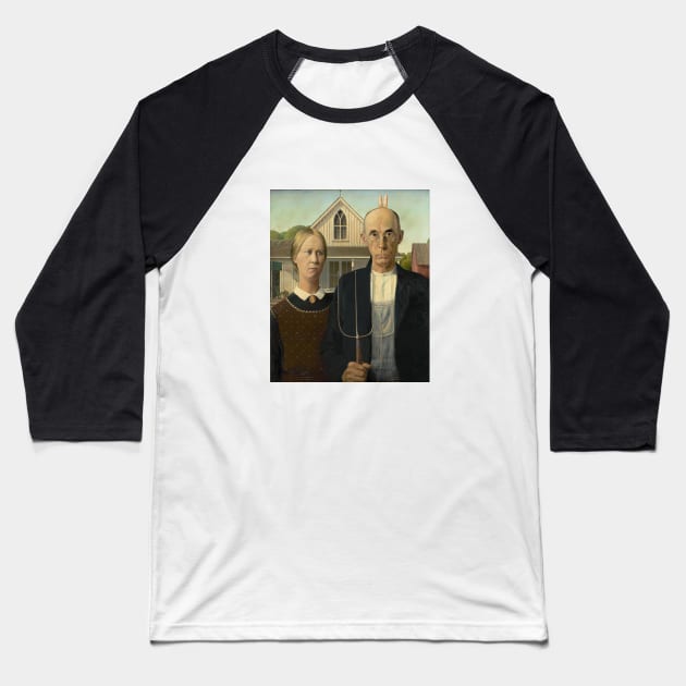 American Gothic with Bunny Ears Baseball T-Shirt by GloopTrekker
